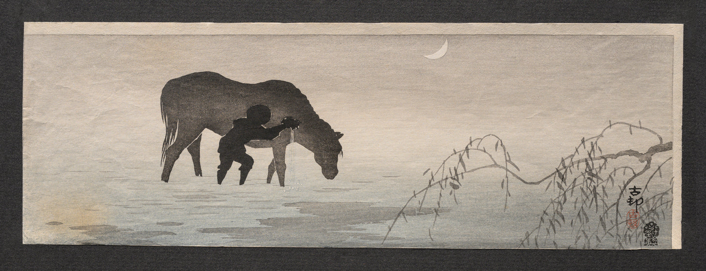 Farmer and Horse in the Water, c. 1910 | Japanese Equestrian Print